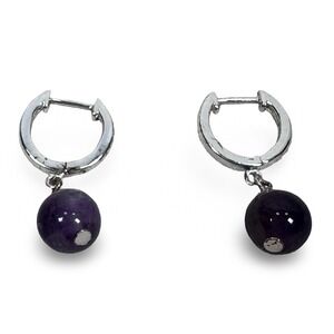 FAS 925 Sterling Silver Purple Amethyst Bead Huggie Hoop Drop Earrings Womens